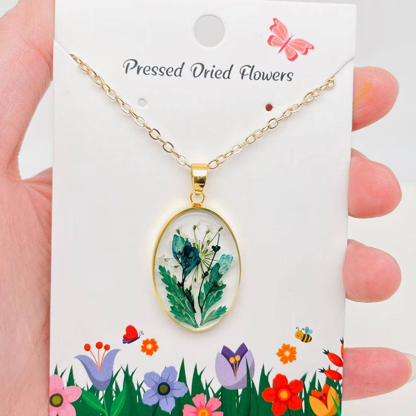 Mio Queena - Pressed Dried Flowers Oval Pendant Necklace - PDF: B