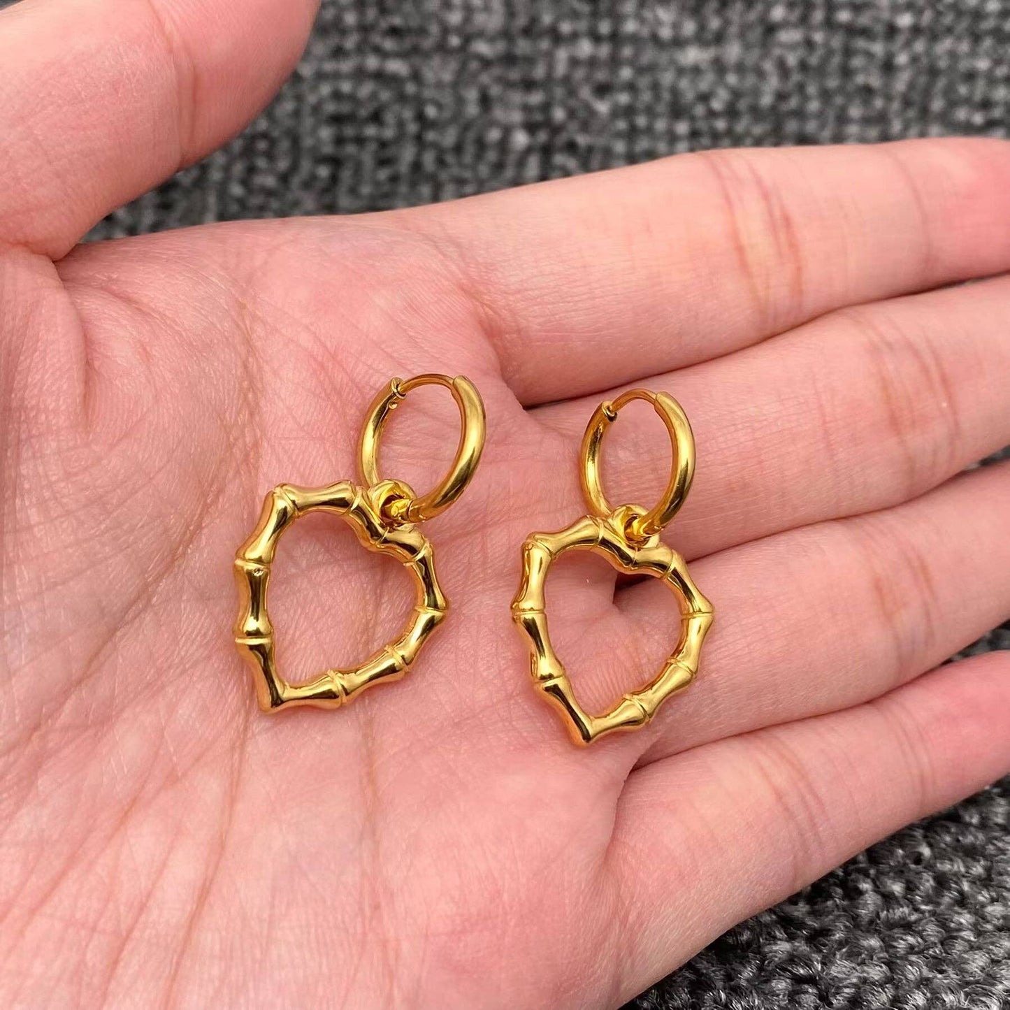 Mio Queena - Hollow Bamboo Heart 18K Golden SS Huggie Earrings - FGS