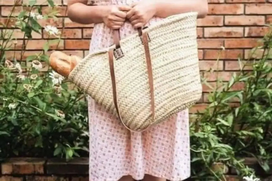 Market basket STRAW BAG Handmade with leather, French Market