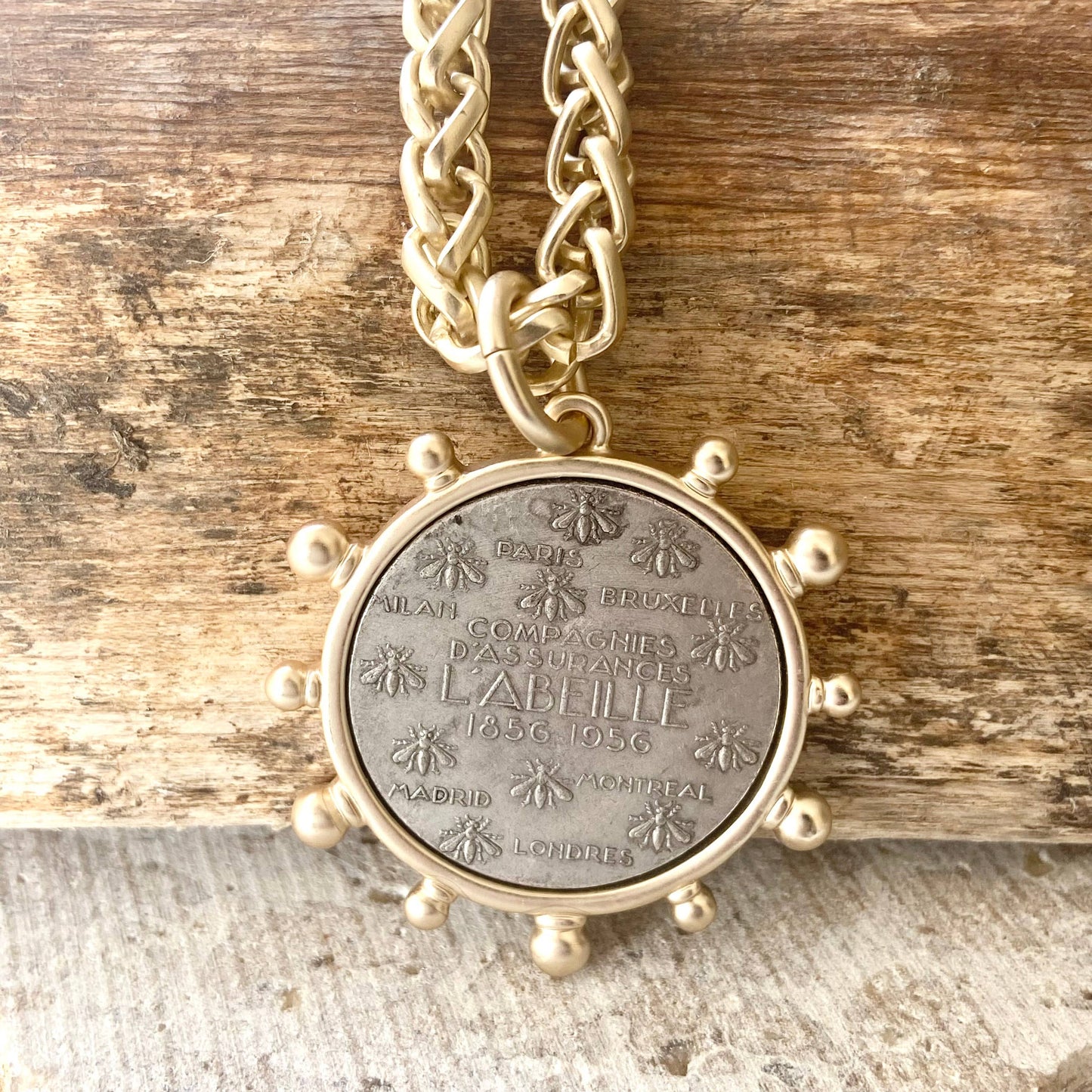 Matte gold horse French Bee coin necklace boutique: Horse