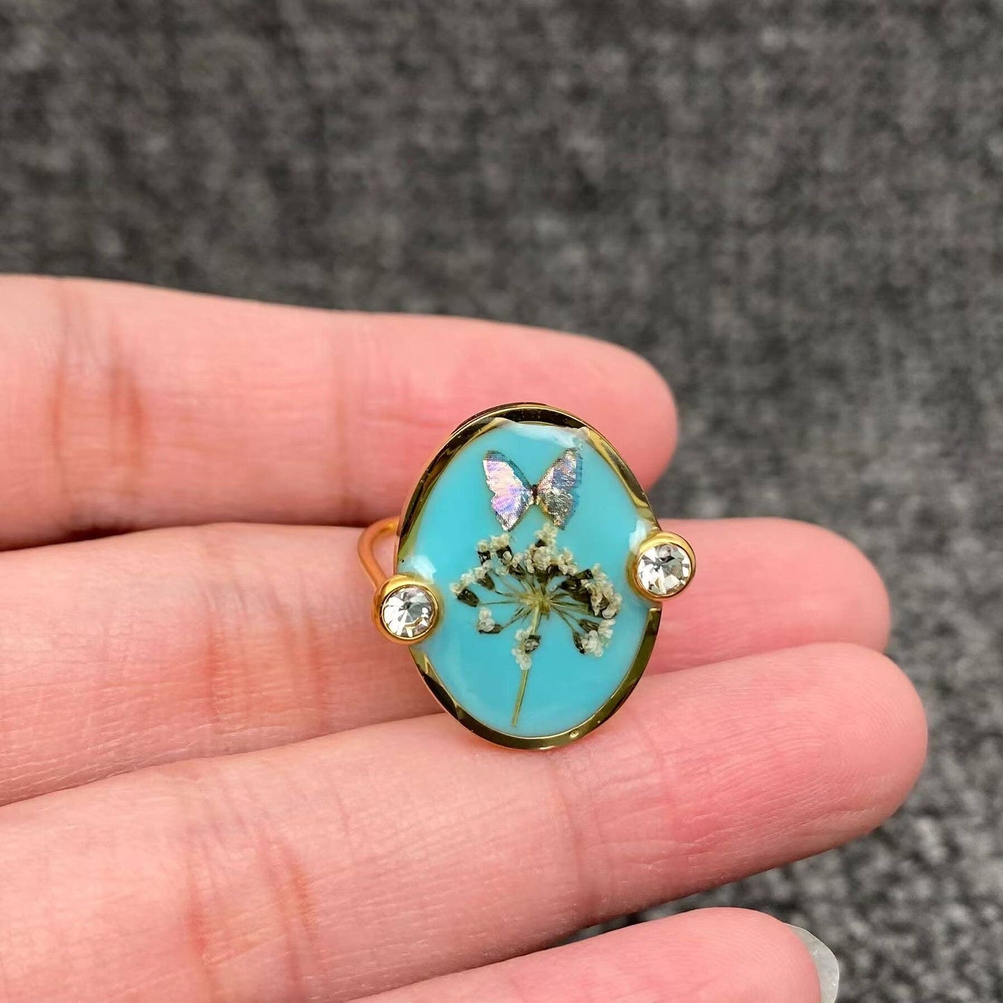 Mio Queena - Blue Butterfly Dried Flower 18K Golden SS Ring - FGS/PDF: Style - A