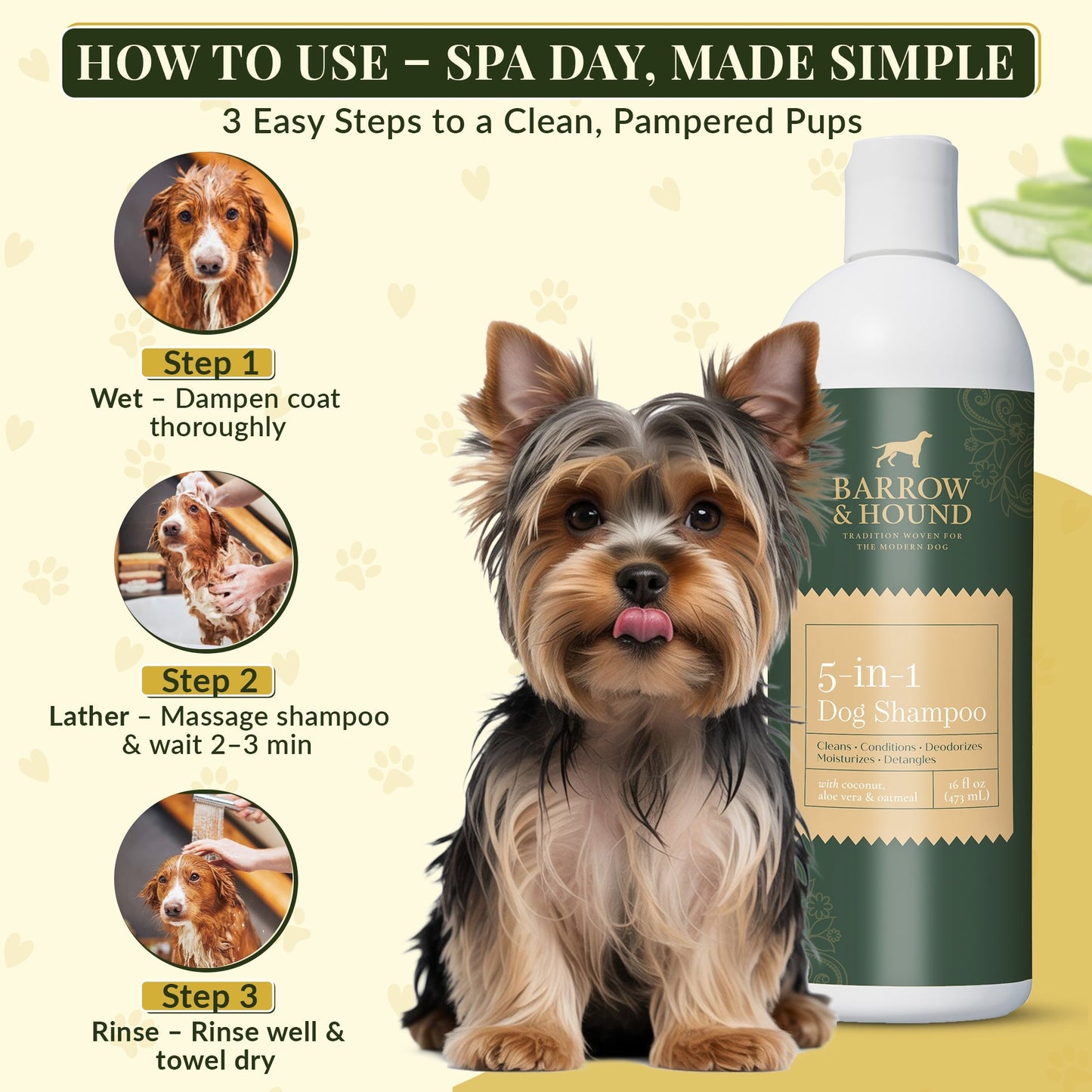 5-in-1 Dog Shampoo β Cleans, Conditions, Deodorizes, Moisturizes & Detangles β with Coconut, Oatmeal & Aloe β for Sensitive Skin β 16 fl oz
