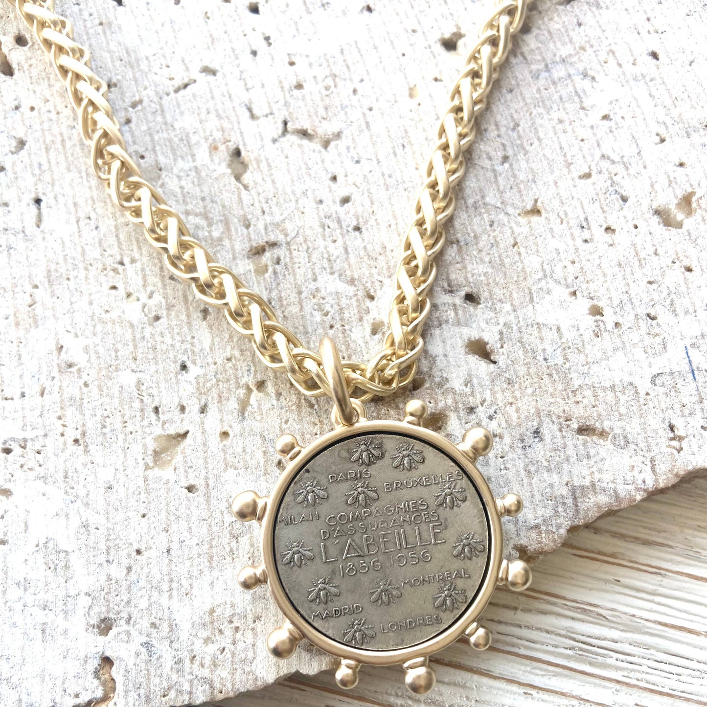 Matte gold horse French Bee coin necklace boutique: Horse