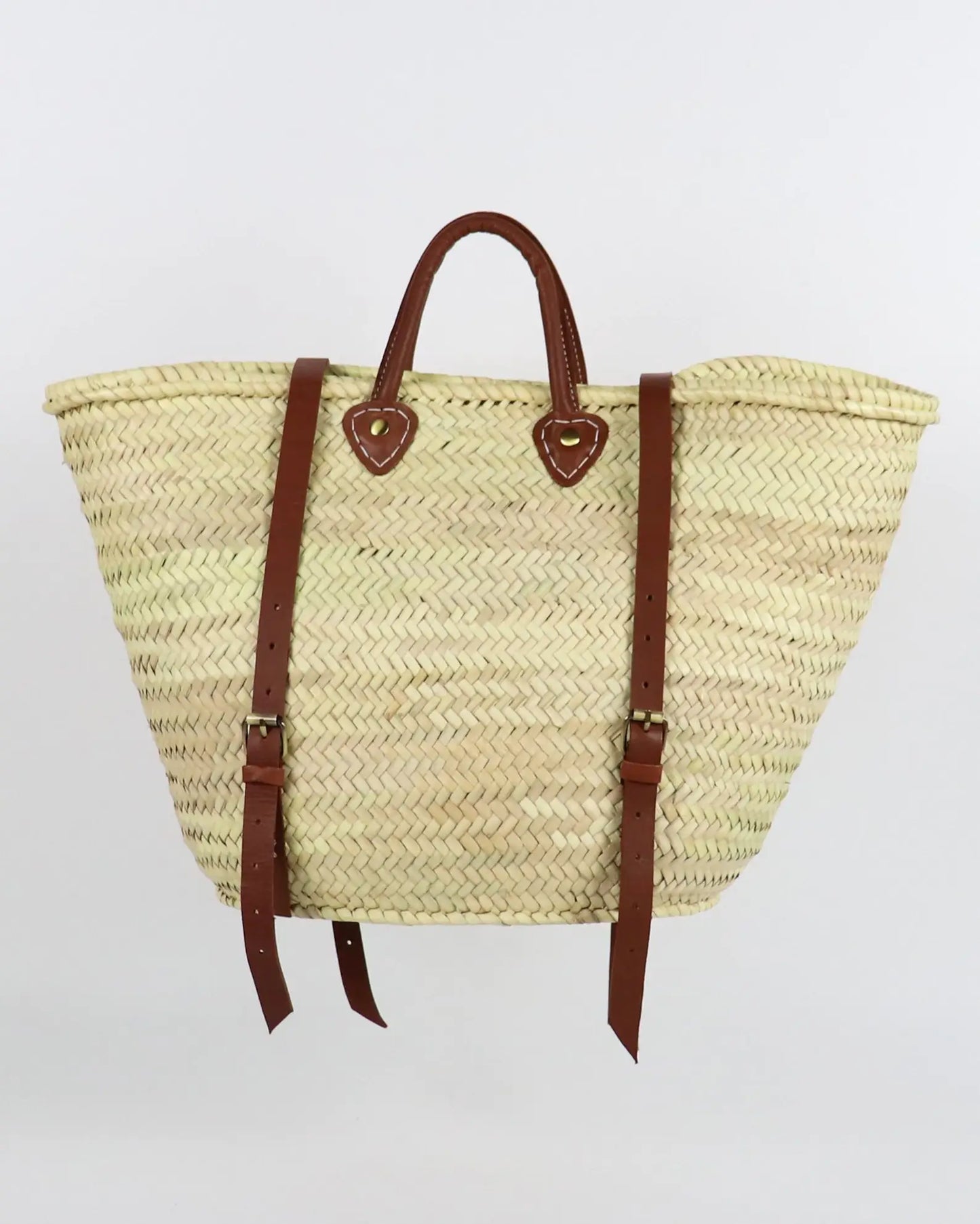 Market basket STRAW BAG Handmade with leather, French Market: Caramel