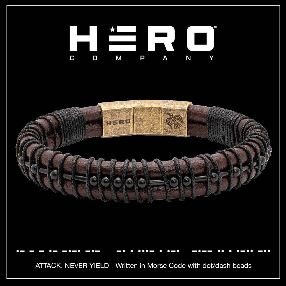 The Hero Company - The Hero Company - Viking 'Attack, Never Yield' Morse Code Leather Bracelet: Helps Pair Veterans With A Service Dog Or Shelter Dog- Faire