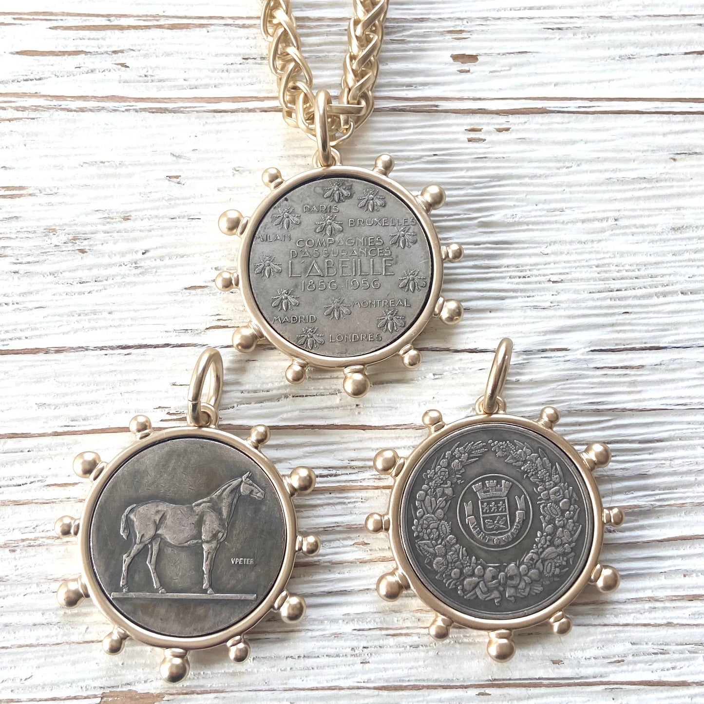 Matte gold horse French Bee coin necklace boutique: Horse