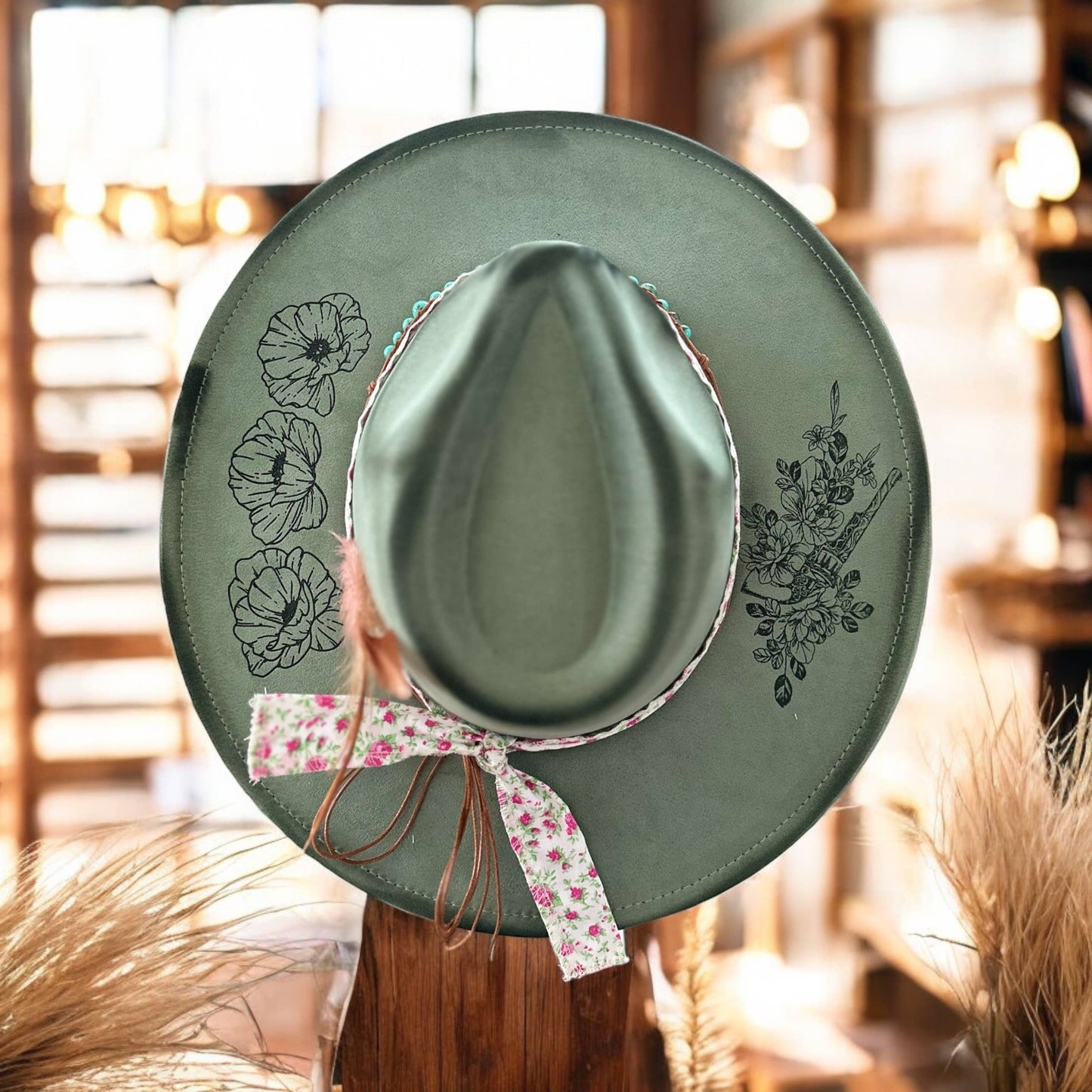 Floral Revolver Burnt Hat Rancher Cowboy: Sage