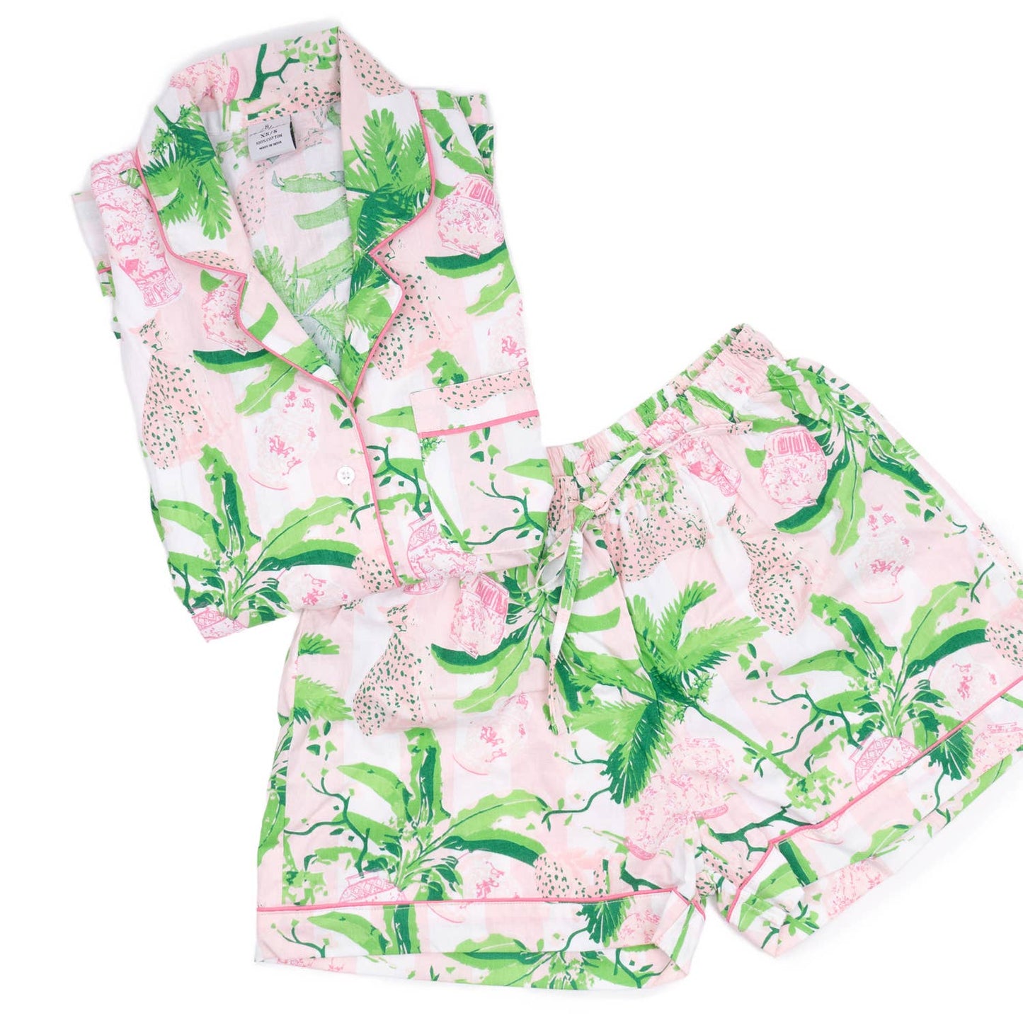 8 Oak Lane - Pink Leopard Palm PJ Set with Shorts & Long Sleeve Top: XS/S