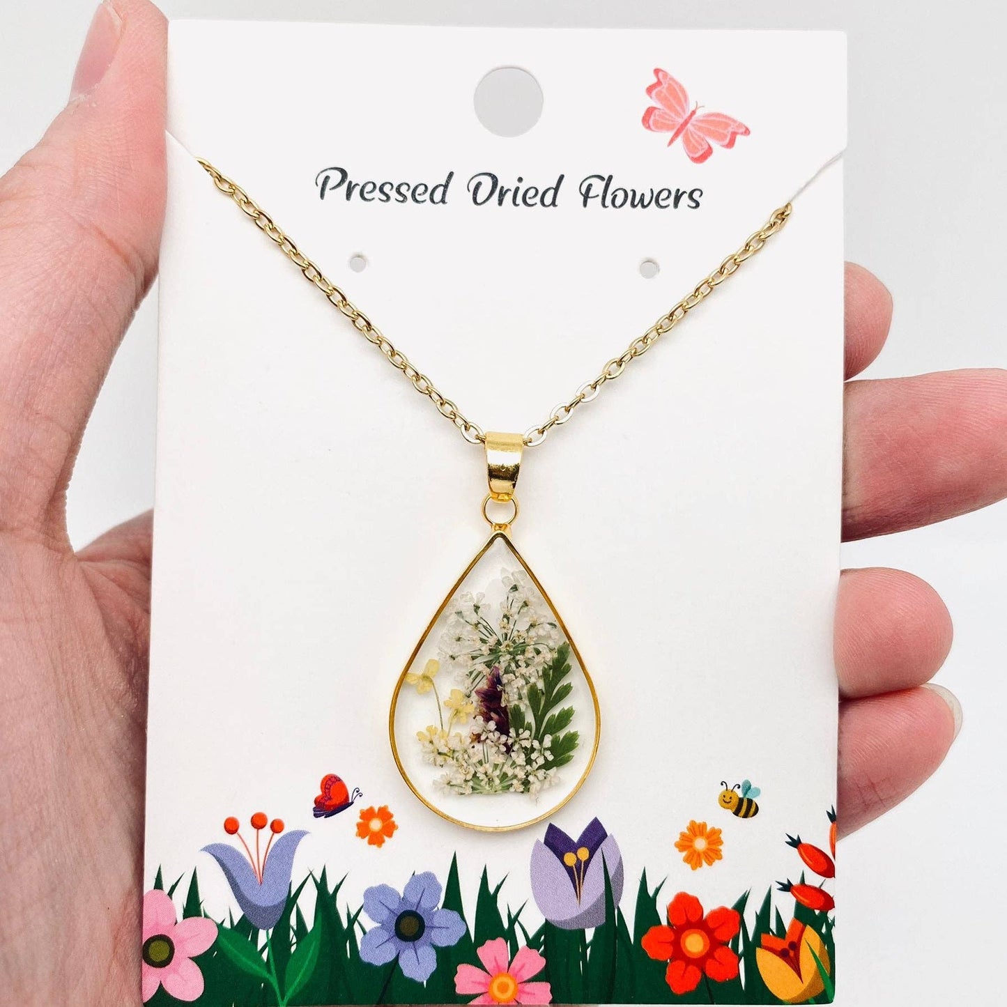 Genuine Pressed Dried Flower Floral Charm Necklace - PDF: Chrysanthemum & Queen Anne's Lace & Caspia