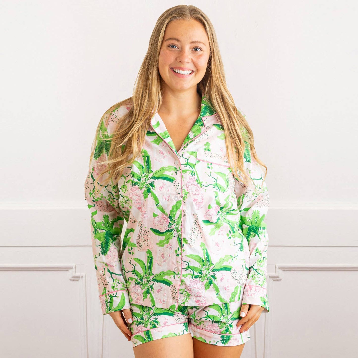 8 Oak Lane - Pink Leopard Palm PJ Set with Shorts & Long Sleeve Top: XS/S