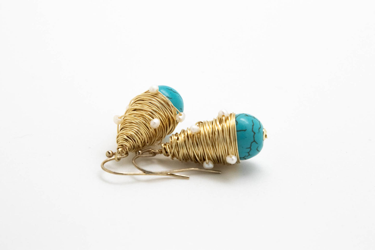 Rant & Rave Classic - Earring Hand Wired Turquoise Drop w/Freshwater Pearls Gold