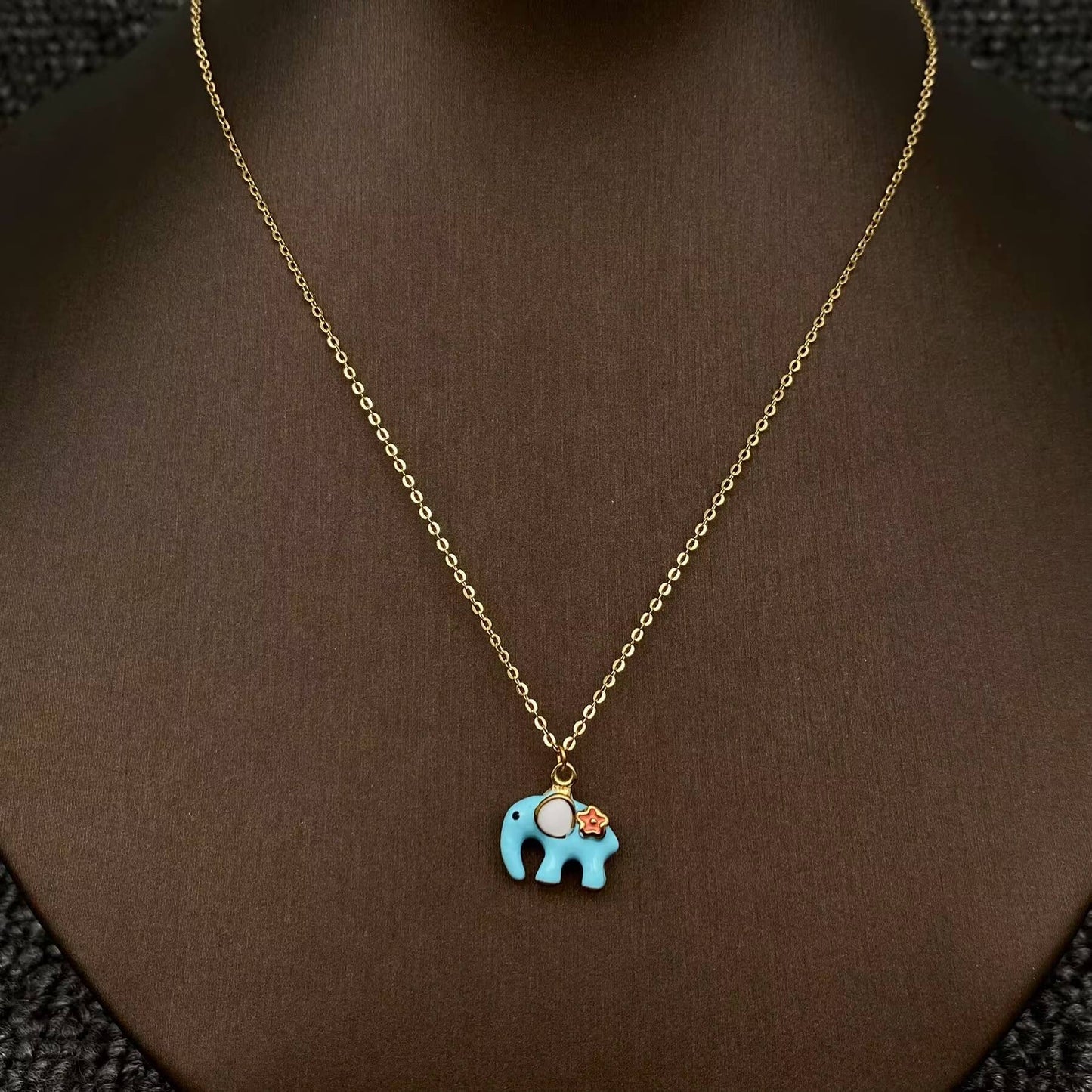 Mio Queena - Cute Blue Enamel Elephant 18K Golden S.Steel Neclace - FGS