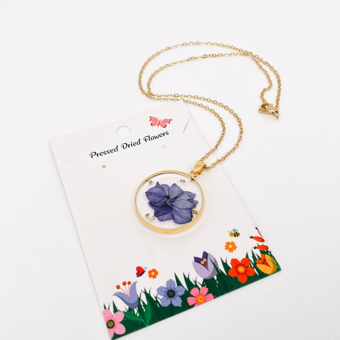 Mio Queena - Delphinium Pressed Dried Flower Pendant Necklace - PDF