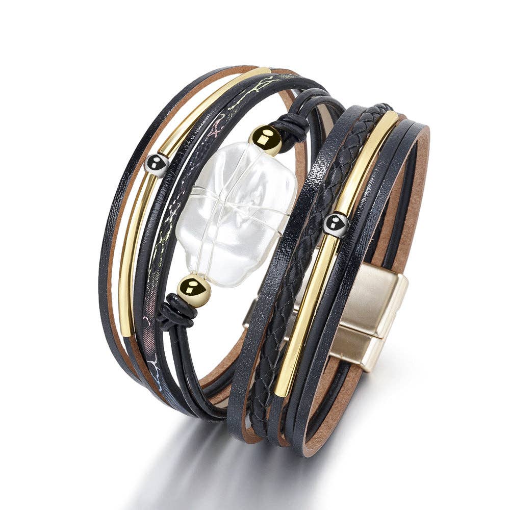 Mio Queena - Pearl Charm Leather Bracelet with Magnetic Buckle - LB: Khaki