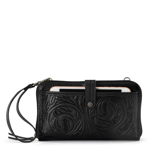 Iris Smartphone Wallet - Leather - Black Leaf Embossed