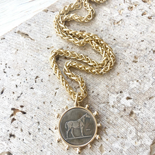 Matte gold horse French Bee coin necklace boutique: Horse