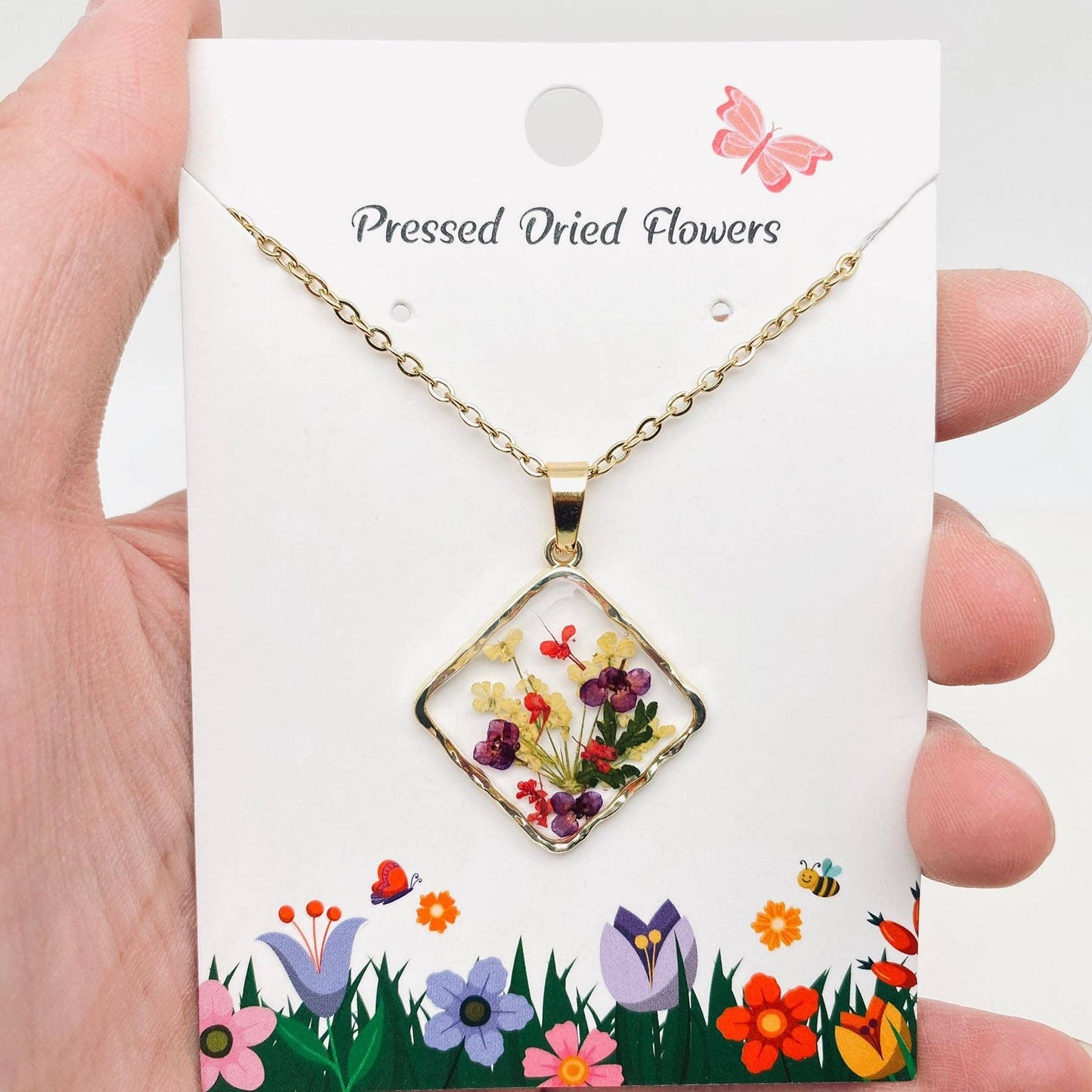 Mio Queena - Floral Square Pendant Pressed Dried Flowers Necklace - PDF: Baby’s Breath & Daffodil