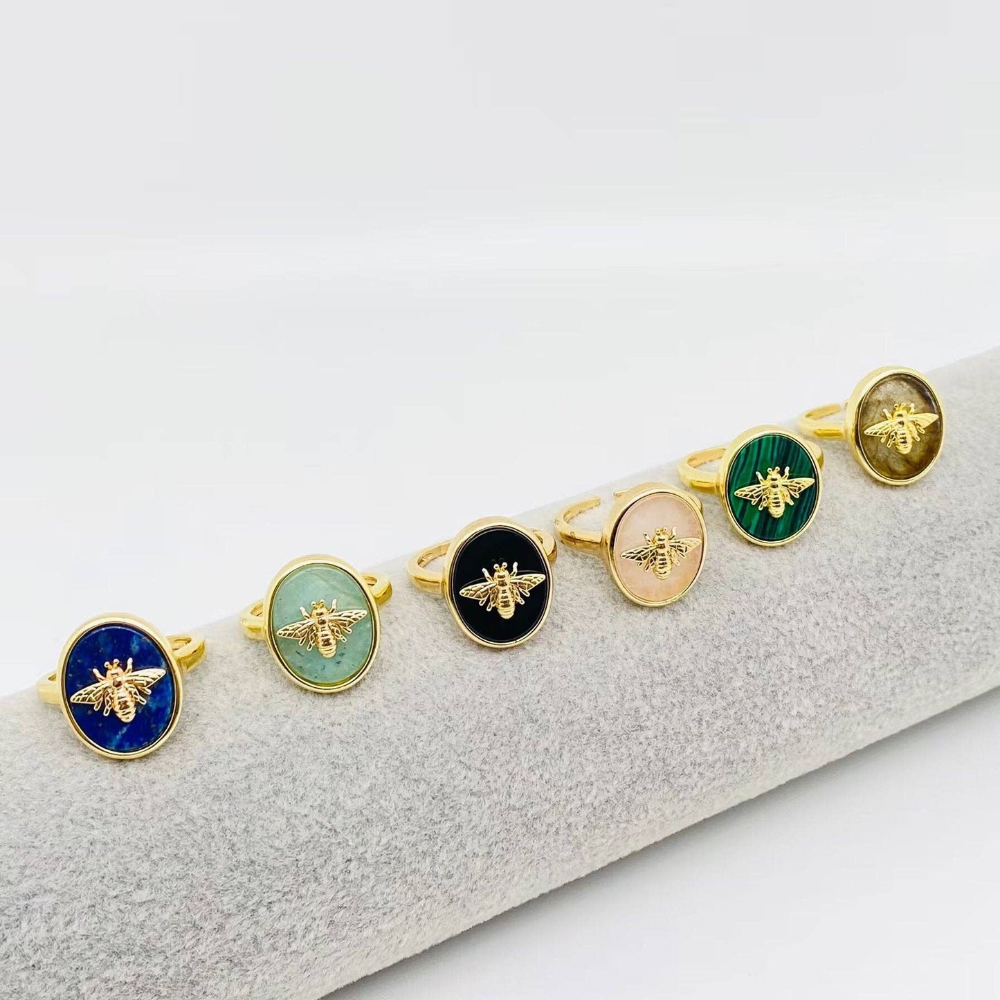 Natural Stone Golden Bee Opening Adjustable Ring - CS: Malachite