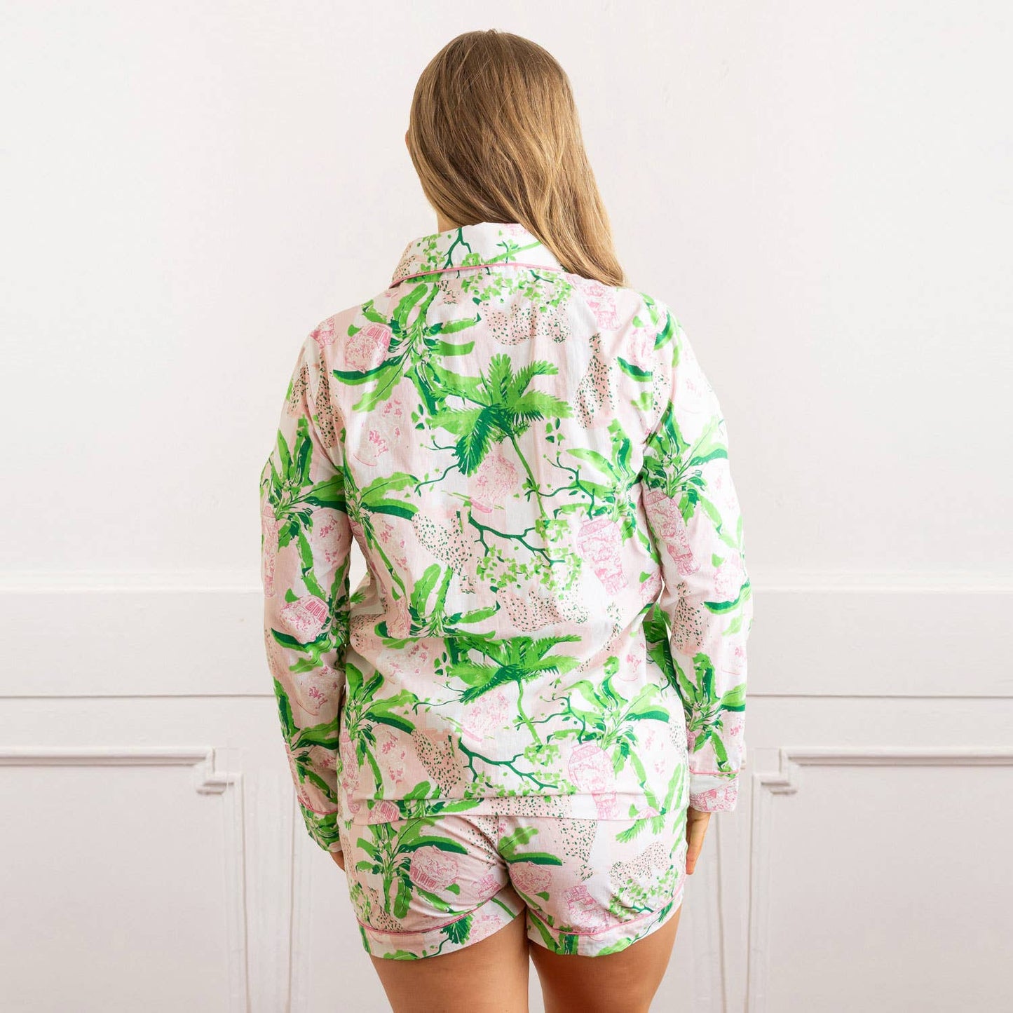 8 Oak Lane - Pink Leopard Palm PJ Set with Shorts & Long Sleeve Top: XS/S