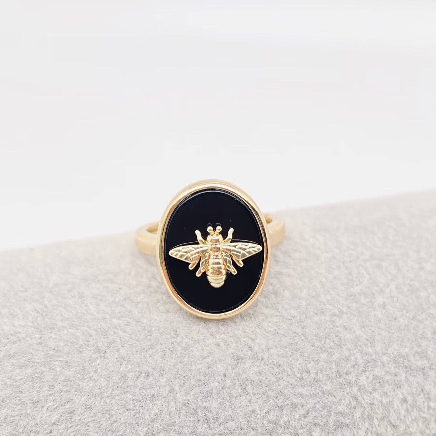 Natural Stone Golden Bee Opening Adjustable Ring - CS: Malachite