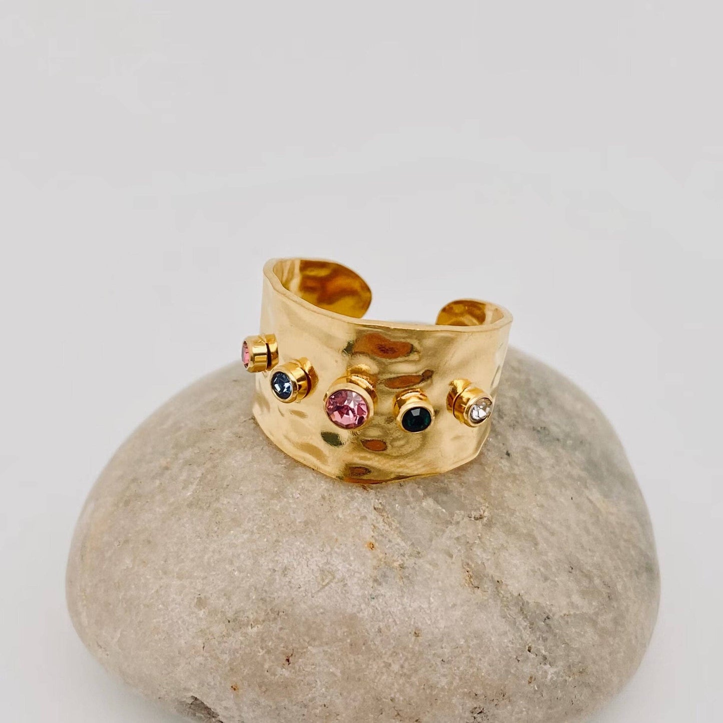 Colored Zircon Stainless Steel 18K Gold Plated Wide Ring-FGS