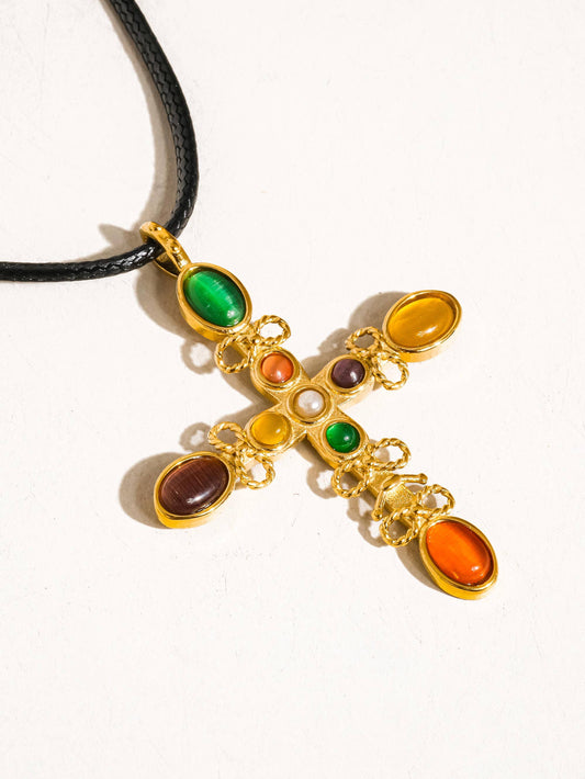 Flânerie by MAIQ - Chase 18K Gold Non-Tarnish Multi Stone Cross Necklace: Yellow Gold