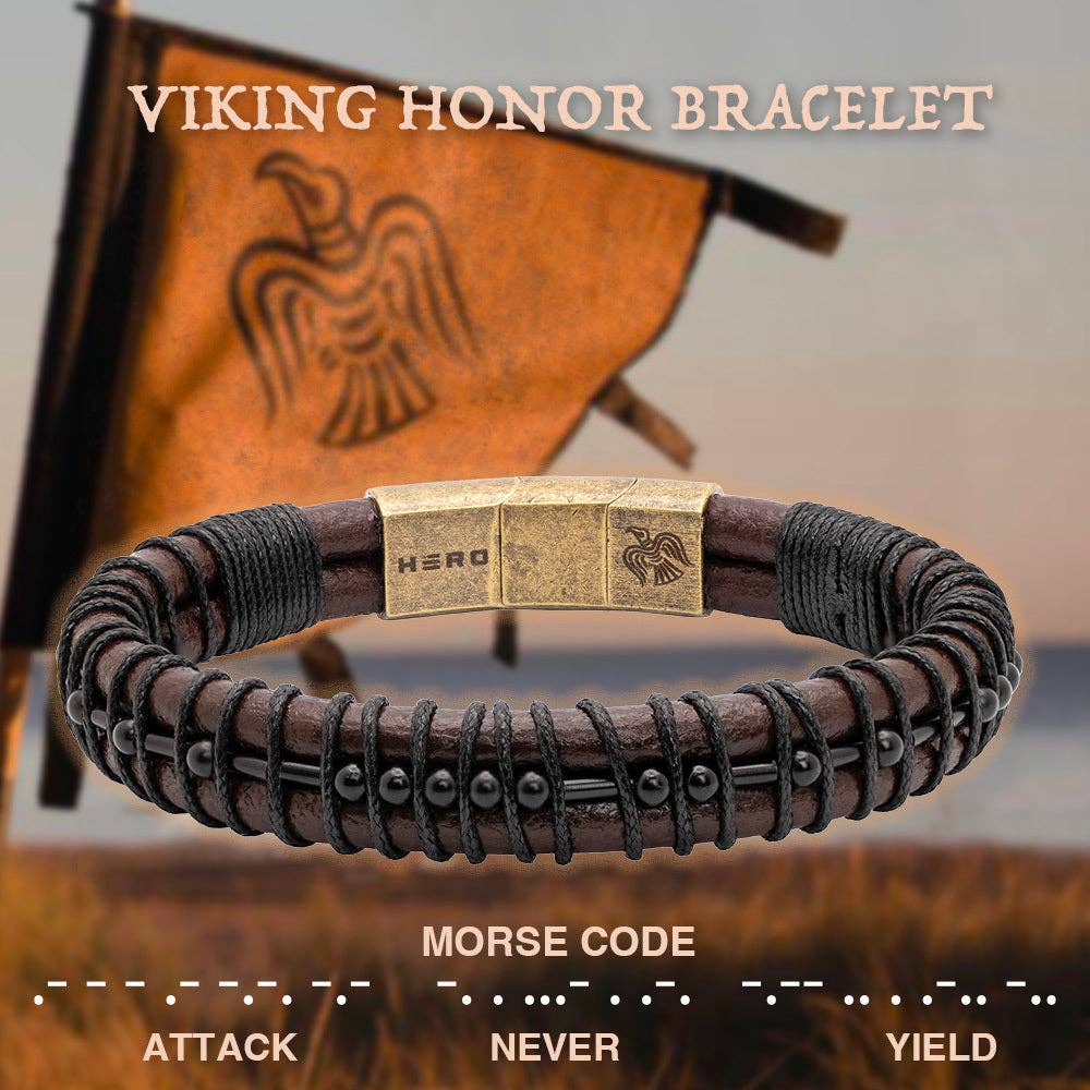 The Hero Company - The Hero Company - Viking  'Attack, Never Yield' Morse Code Leather Bracelet: Helps Pair Veterans With A Service Dog Or Shelter Dog- Faire
