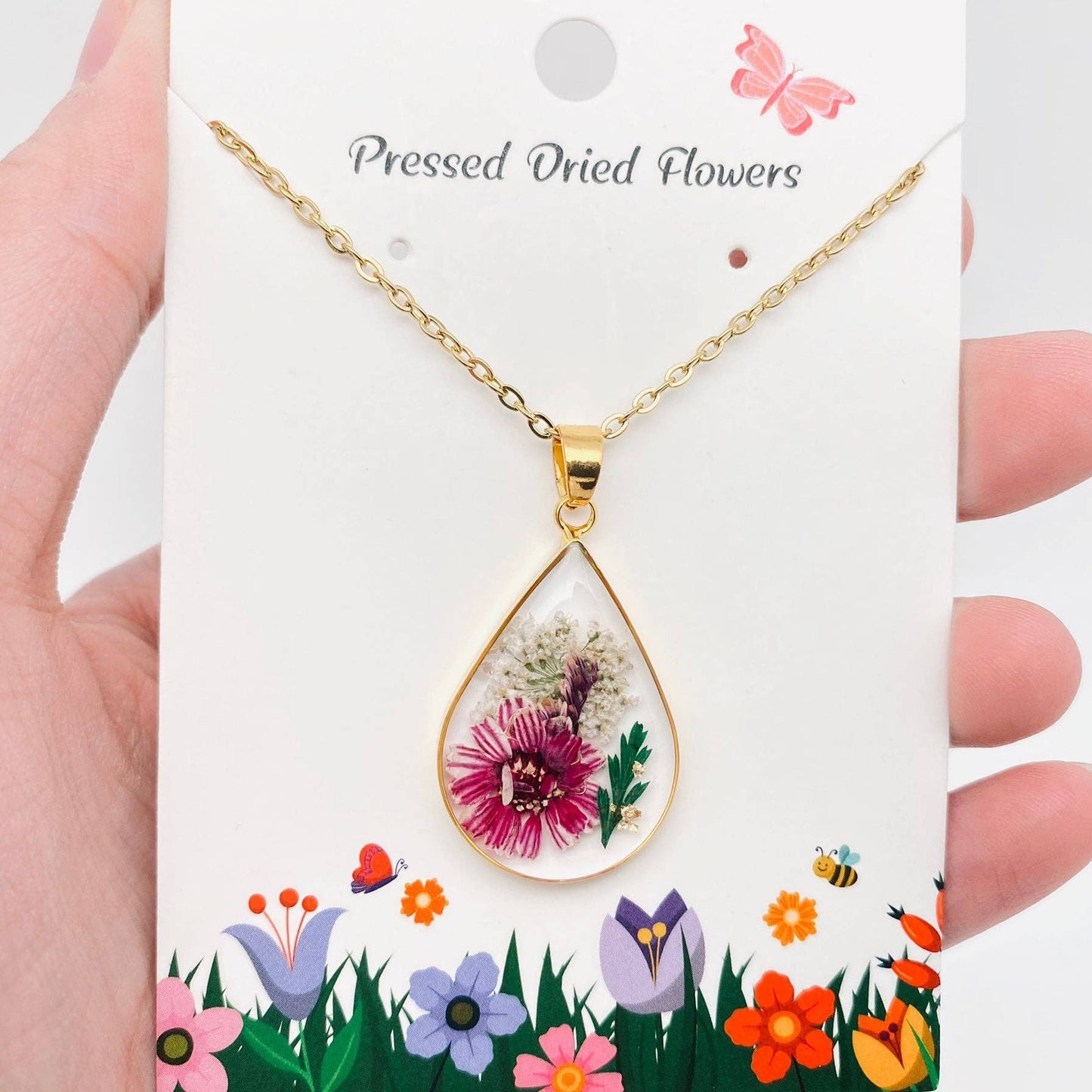 Genuine Pressed Dried Flower Floral Charm Necklace - PDF: Roseleaf & Queen Anne's Lace & Caspia &