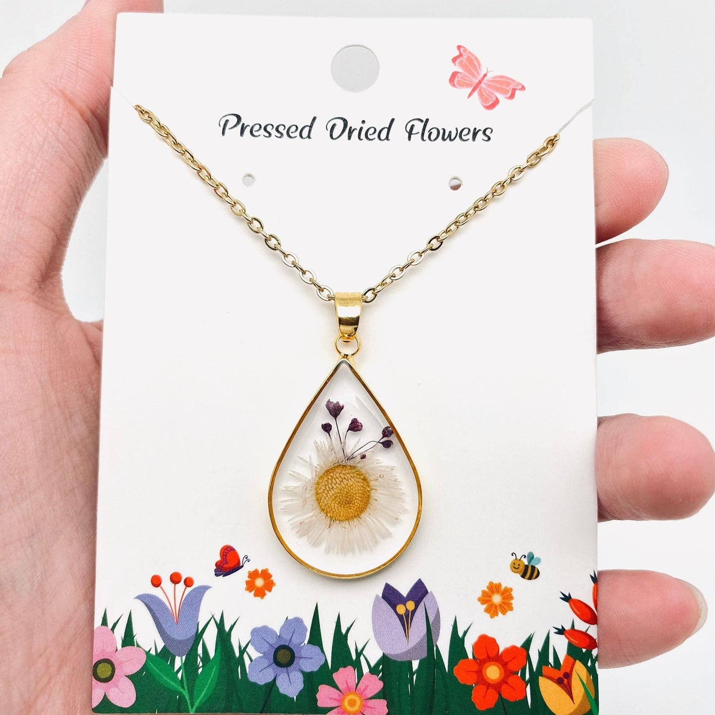 Genuine Pressed Dried Flower Floral Charm Necklace - PDF: Roseleaf & Queen Anne's Lace & Caspia &