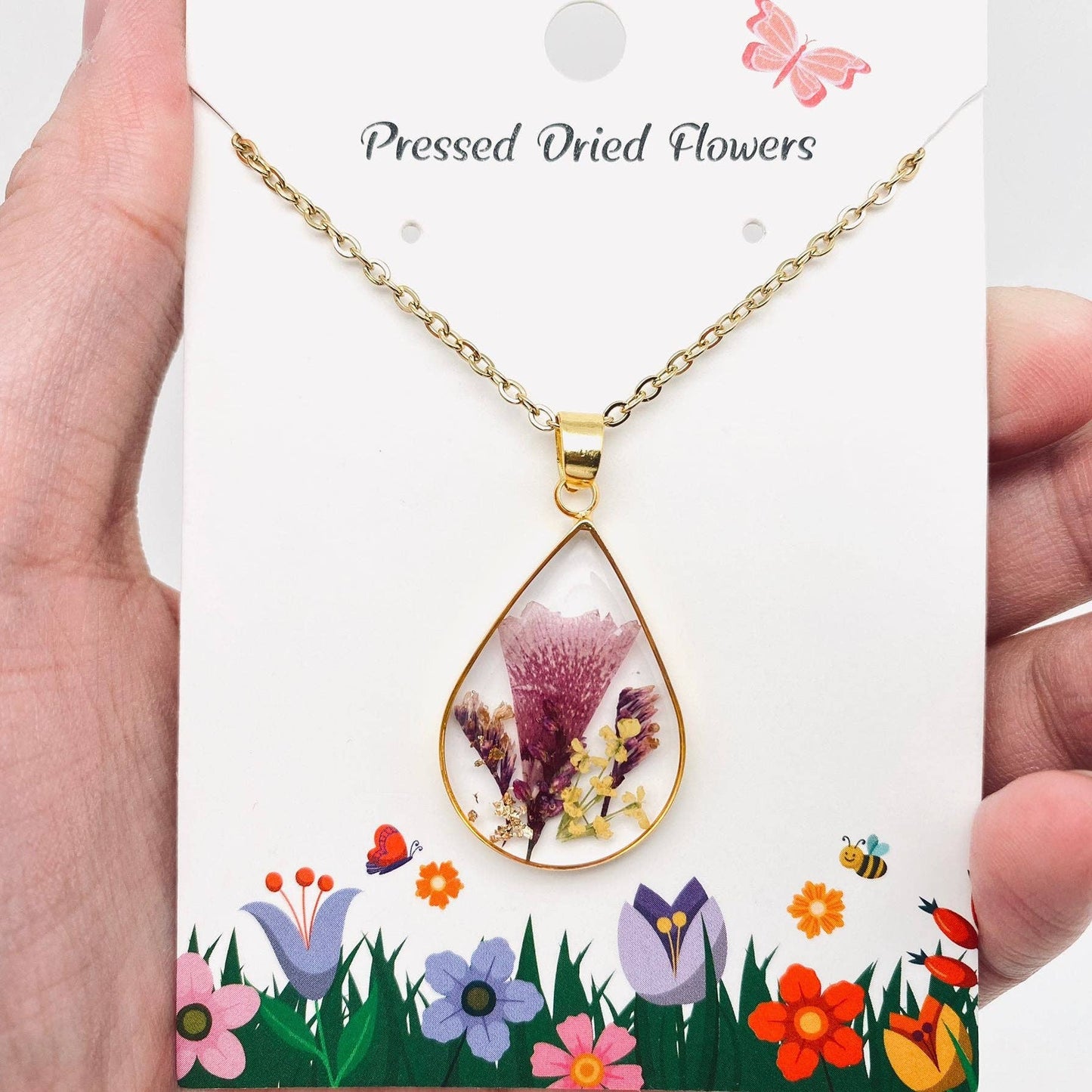 Genuine Pressed Dried Flower Floral Charm Necklace - PDF: Chrysanthemum & Baby’s Breath & Queen Anne's Lace & Fern leaf