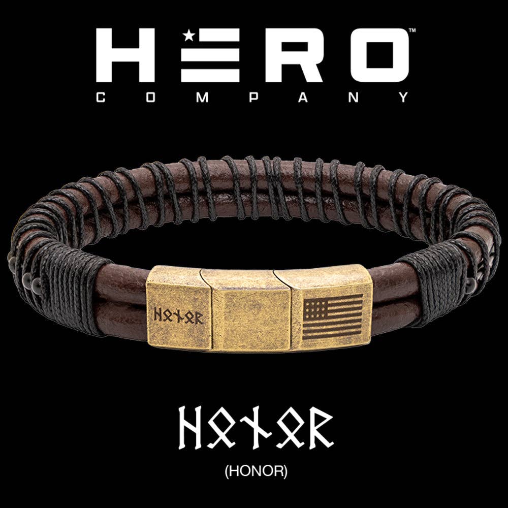 The Hero Company - The Hero Company - Viking  'Attack, Never Yield' Morse Code Leather Bracelet: Helps Pair Veterans With A Service Dog Or Shelter Dog- Faire