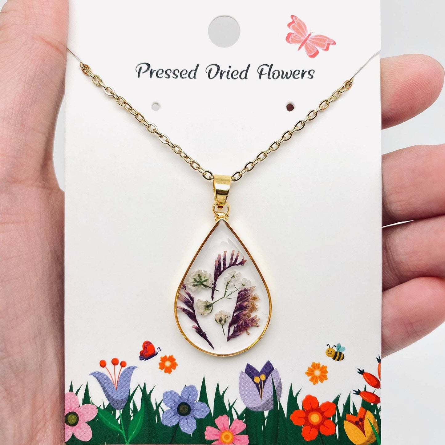 Genuine Pressed Dried Flower Floral Charm Necklace - PDF: Queen Anne's Lace & Caspia & Fern leaf