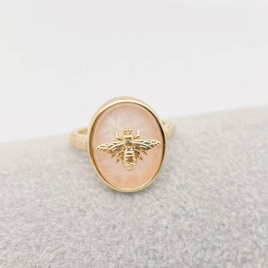 Natural Stone Golden Bee Opening Adjustable Ring - CS: Powder crystal