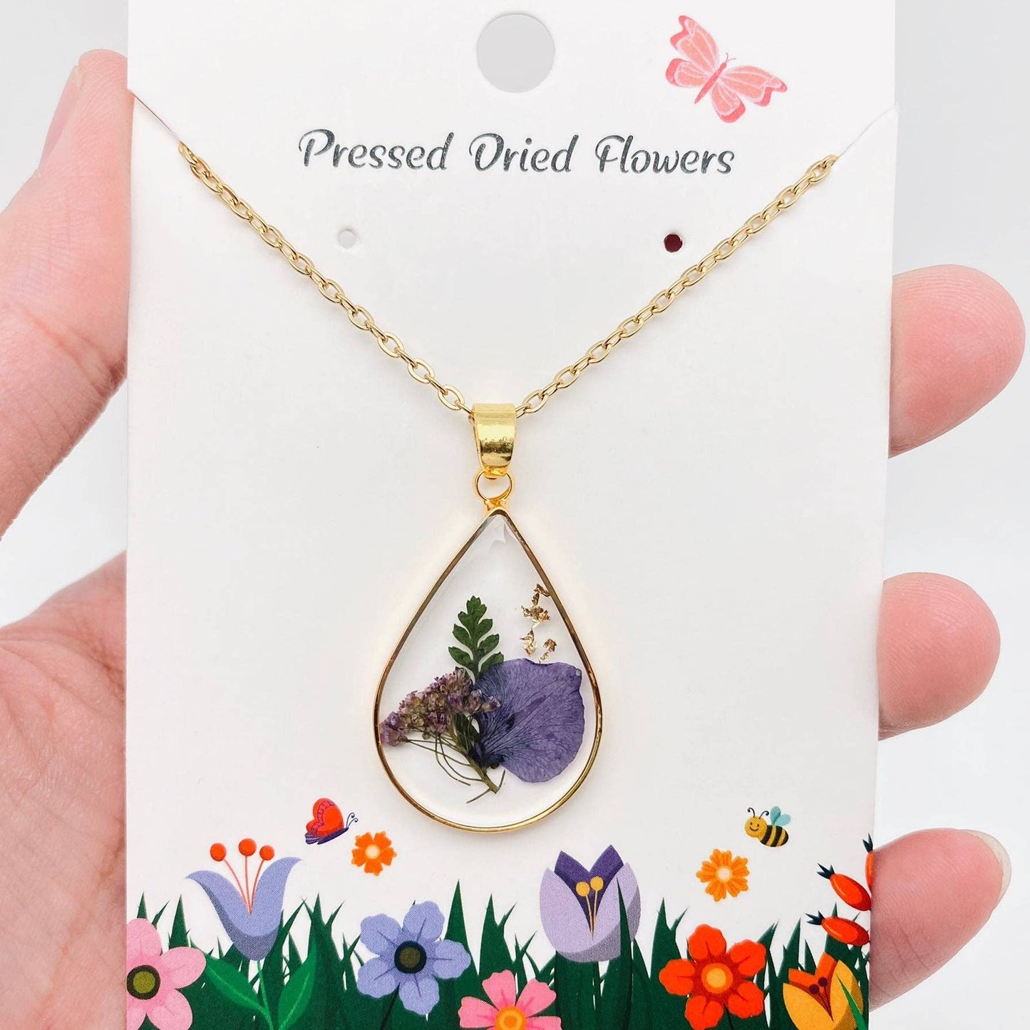 Genuine Pressed Dried Flower Floral Charm Necklace - PDF: Wild pansy & Caspia & Leaf