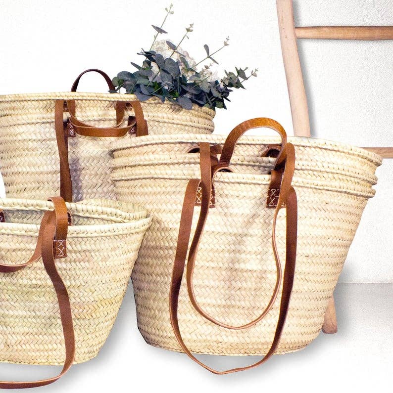Handmade Straw Bag with Leather - French Market Chic: Brown leather strap