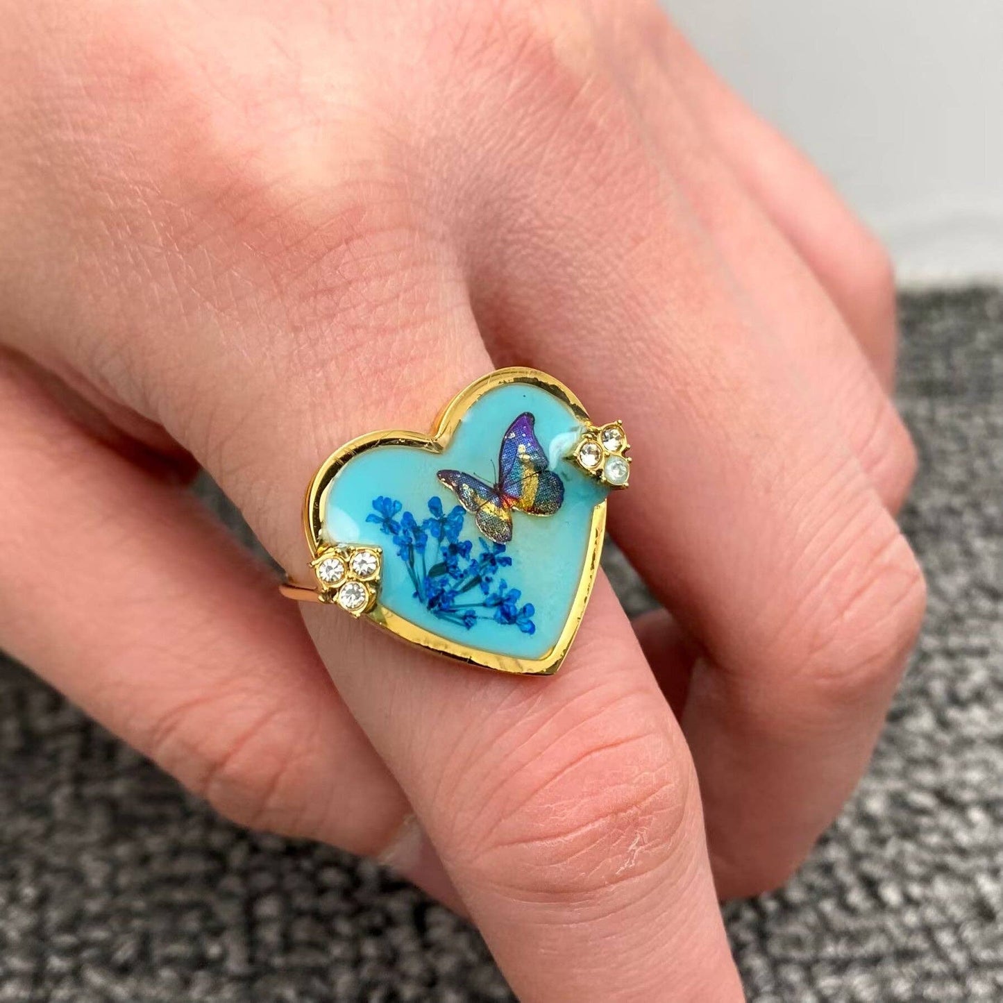 Mio Queena - Blue Butterfly Dried Flower 18K Golden SS Ring - FGS/PDF: Style - A