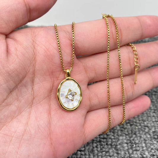 Mio Queena - Inlaid CZ & Shell 18K Golden SS Oval charm Necklace - FGS
