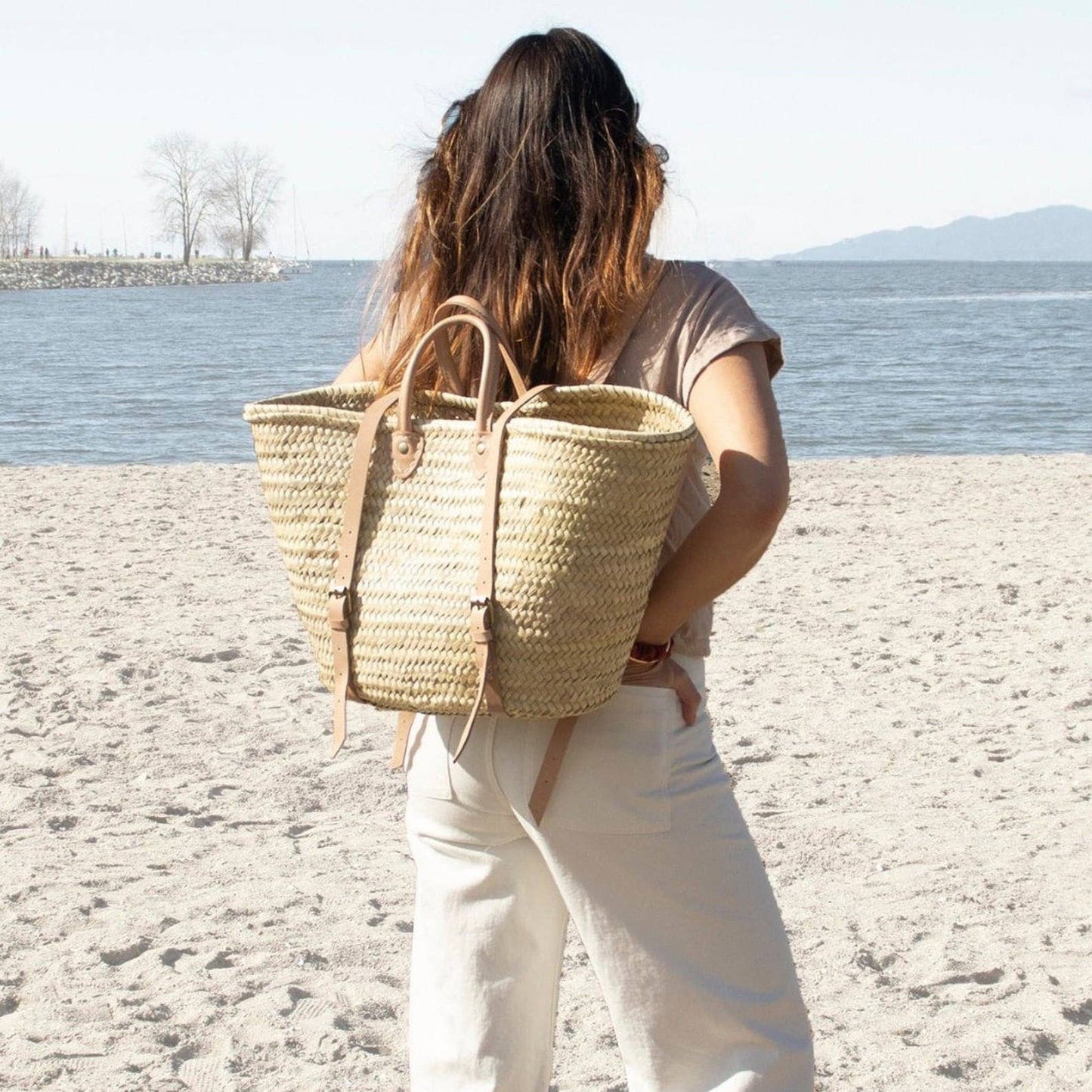 Market basket STRAW BAG Handmade with leather, French Market: Caramel
