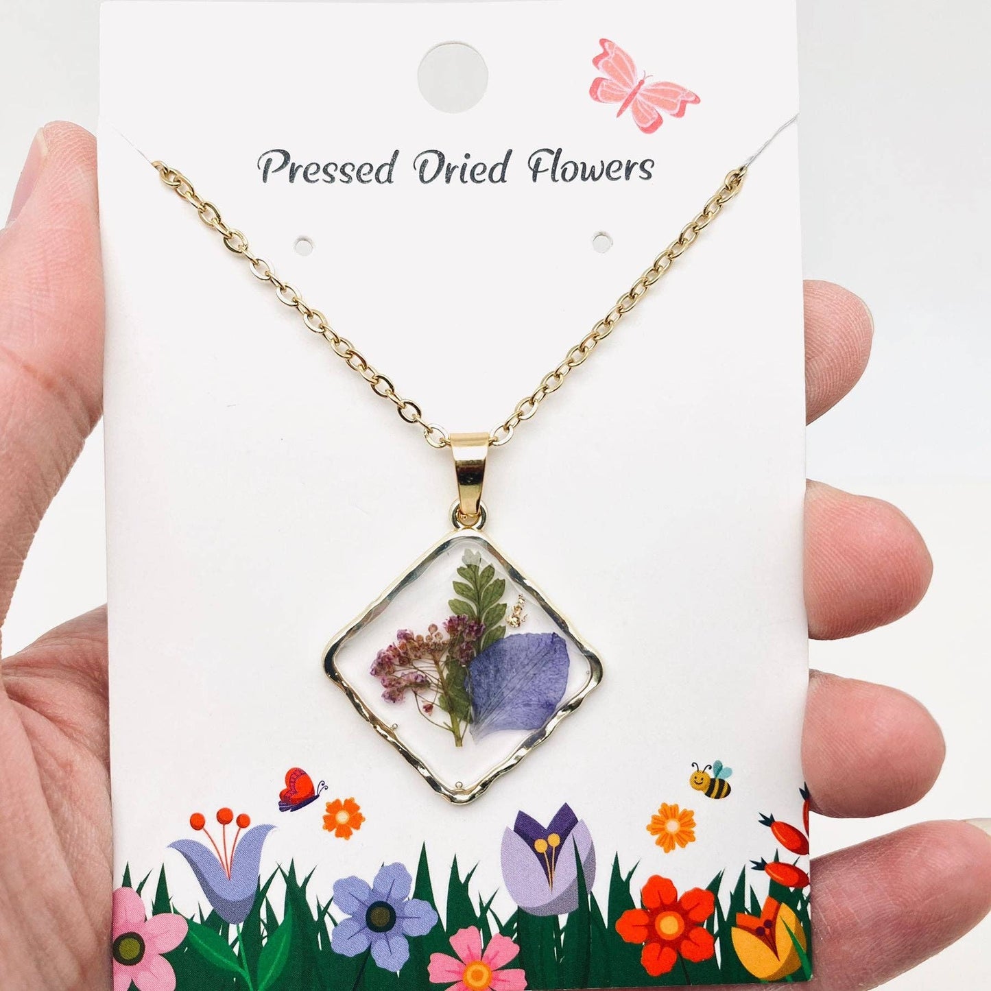 Mio Queena - Floral Square Pendant Pressed Dried Flowers Necklace - PDF: Roseleaf & Caspia