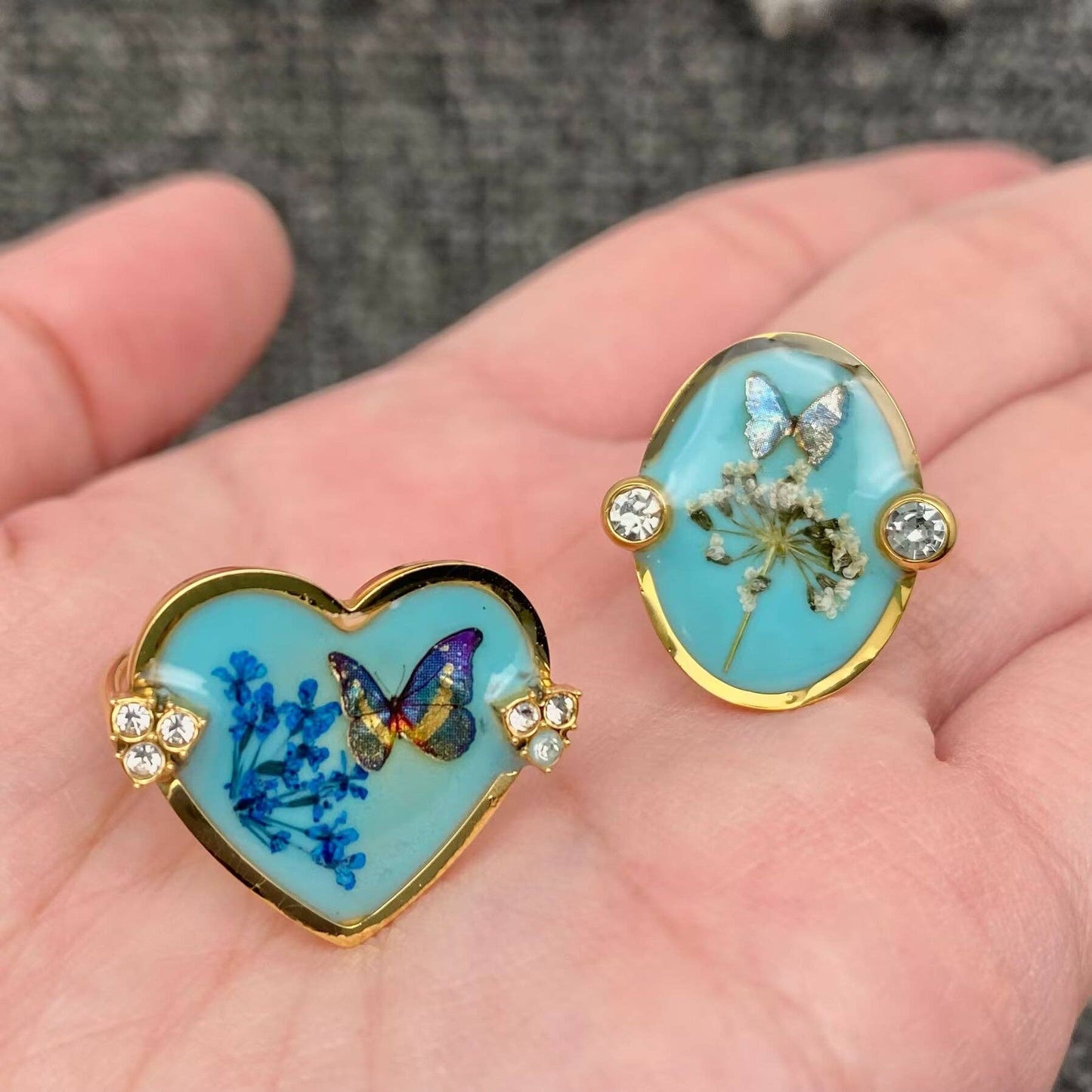 Mio Queena - Blue Butterfly Dried Flower 18K Golden SS Ring - FGS/PDF: Style - A