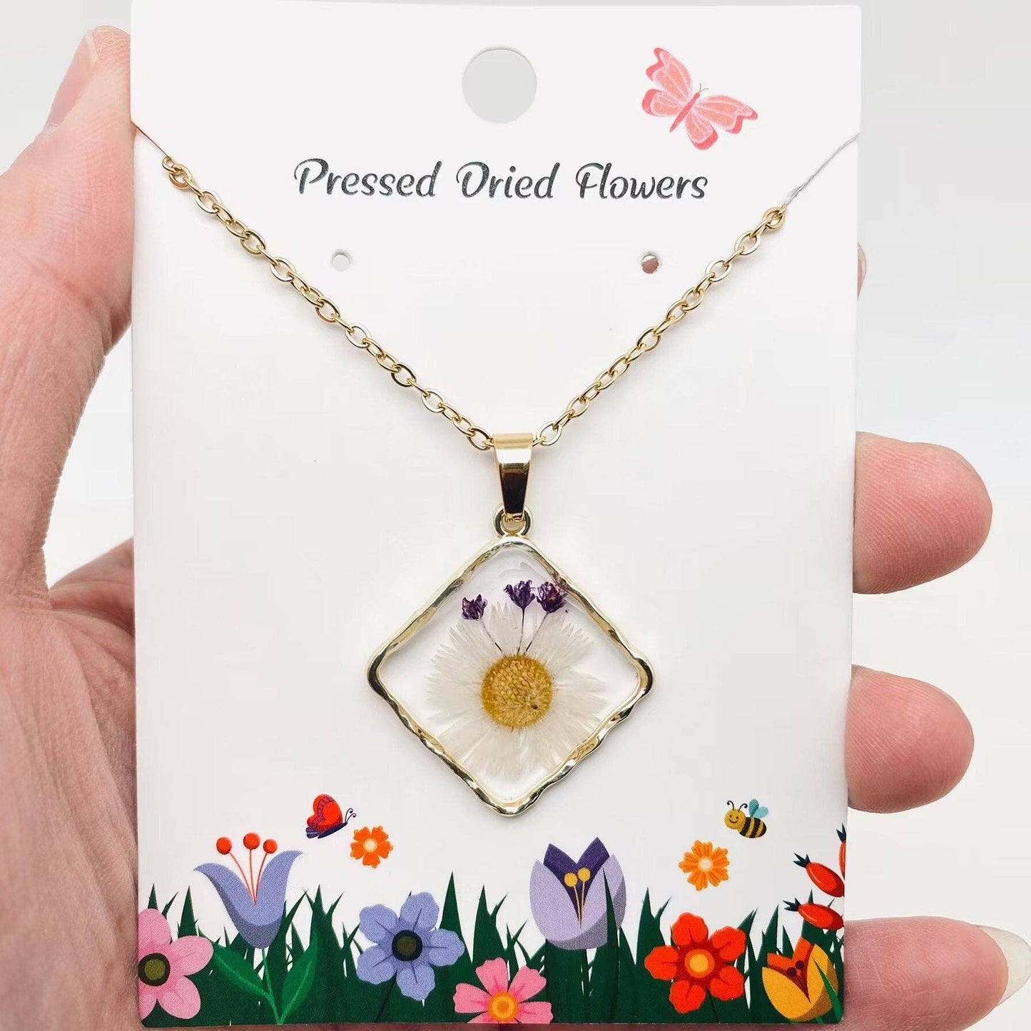 Mio Queena - Floral Square Pendant Pressed Dried Flowers Necklace - PDF: Baby’s Breath & Ferns & Queen Anne's Lace