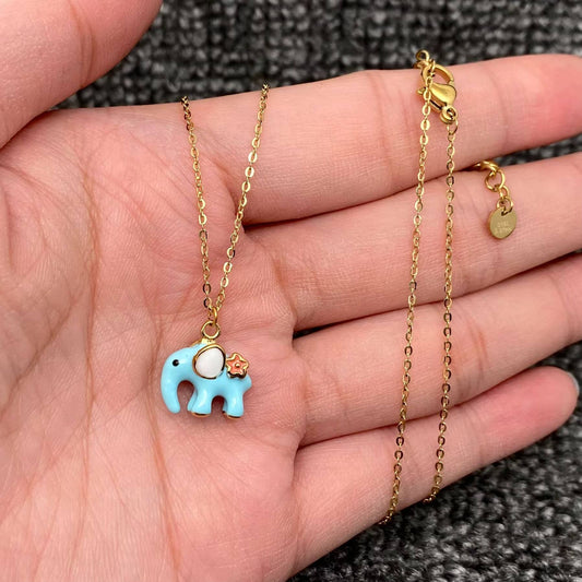 Mio Queena - Cute Blue Enamel Elephant 18K Golden S.Steel Neclace - FGS