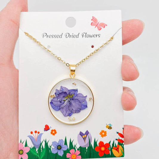 Mio Queena - Delphinium Pressed Dried Flower Pendant Necklace - PDF