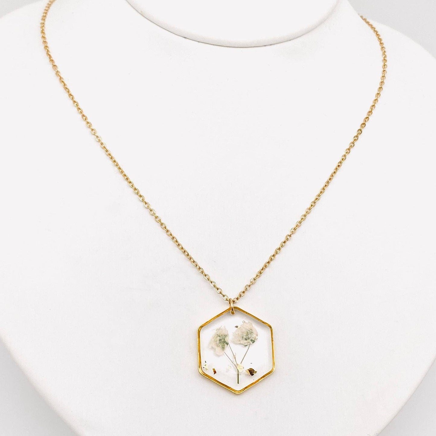 Baby's Breath Dried Flowers Hexagon Charm Necklace - PDF