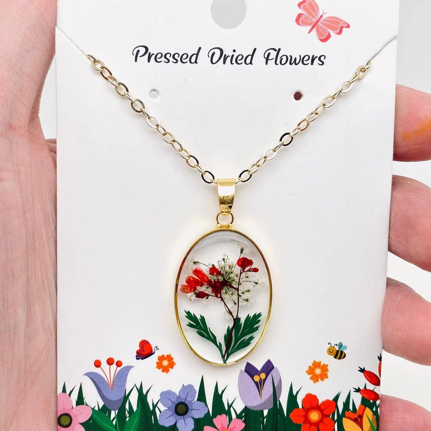 Mio Queena - Pressed Dried Flowers Oval Pendant Necklace - PDF: E