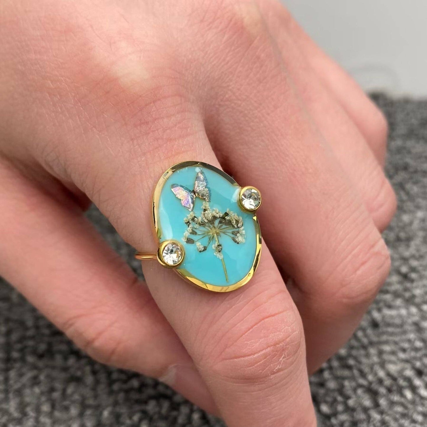 Mio Queena - Blue Butterfly Dried Flower 18K Golden SS Ring - FGS/PDF: Style - A