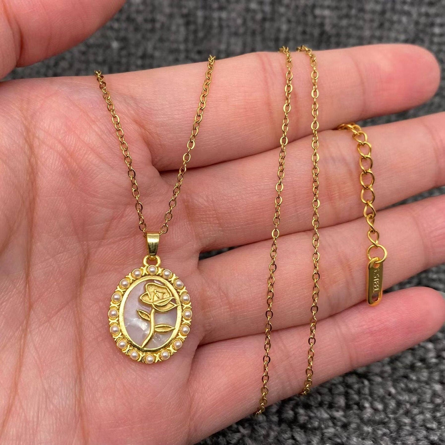 Mio Queena - Rose Oval Pendant 18K Gold Plated S.Steel Necklace - FGS