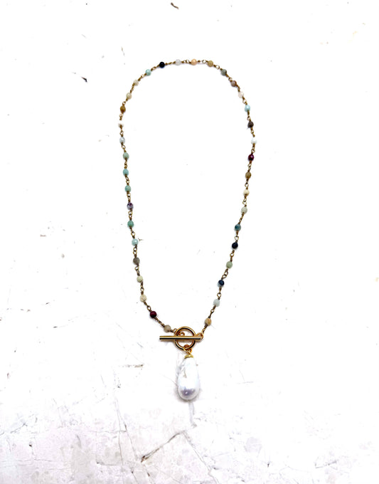Rant & Rave Classic - Necklace Amazonite Gold Chain w/Baroque Pearlw/Toggle 18”