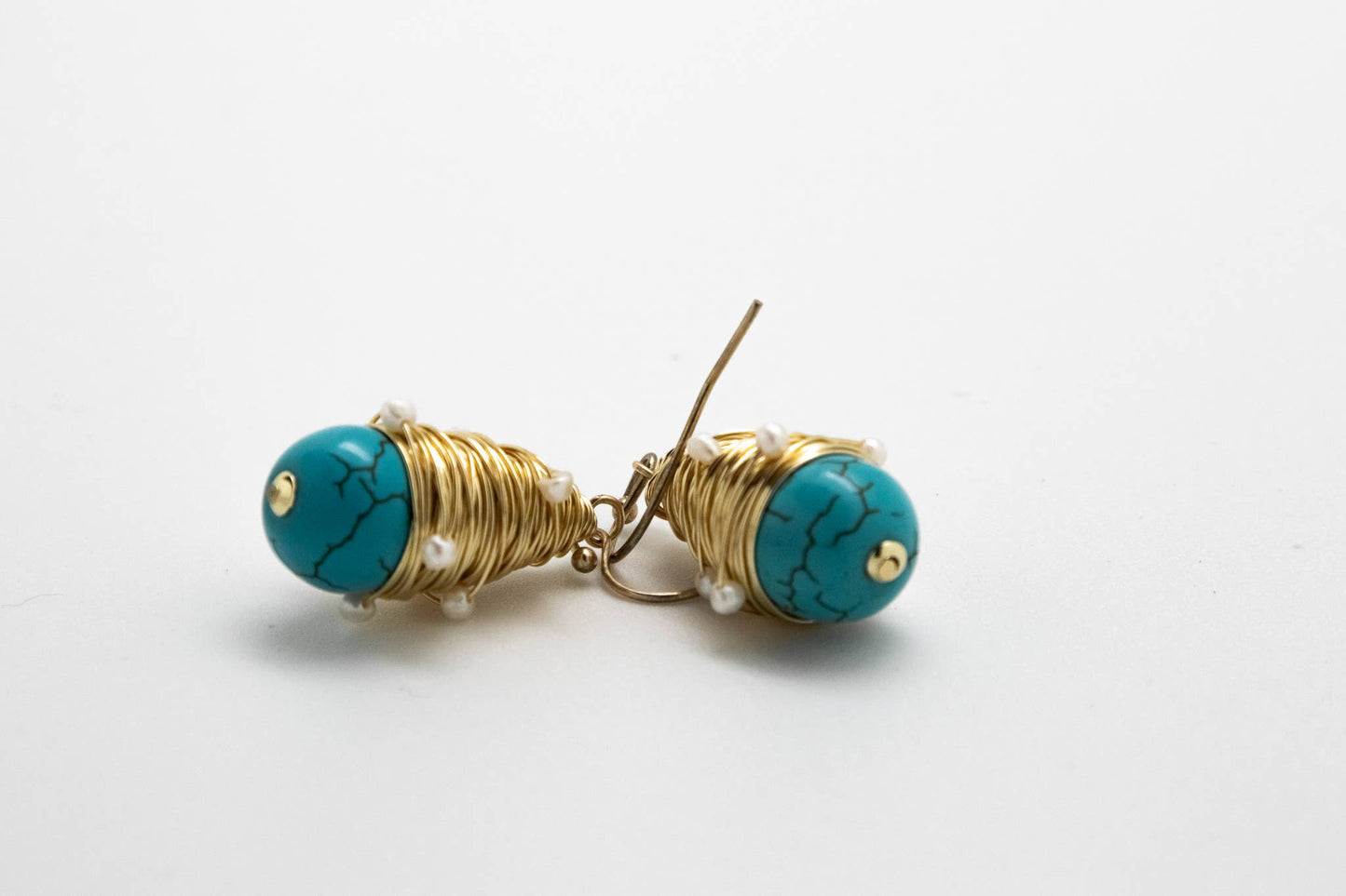Rant & Rave Classic - Earring Hand Wired Turquoise Drop w/Freshwater Pearls Gold
