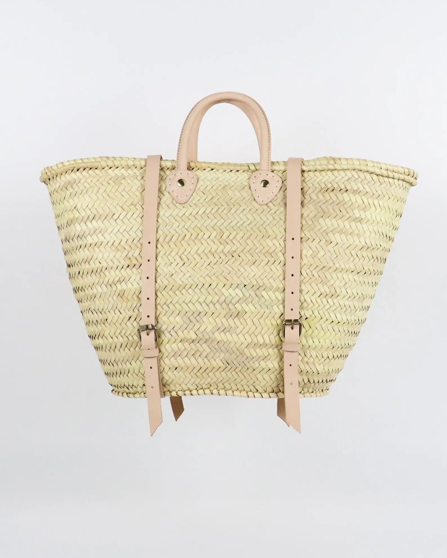 Market basket STRAW BAG Handmade with leather, French Market: Caramel